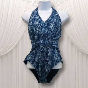 NEW Jones New York One Piece Swimsuit Medium Blue Snakeskin Tie Padded Cups